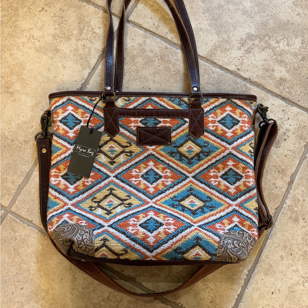 Myra Bag Brown and Blue Geometric Tote